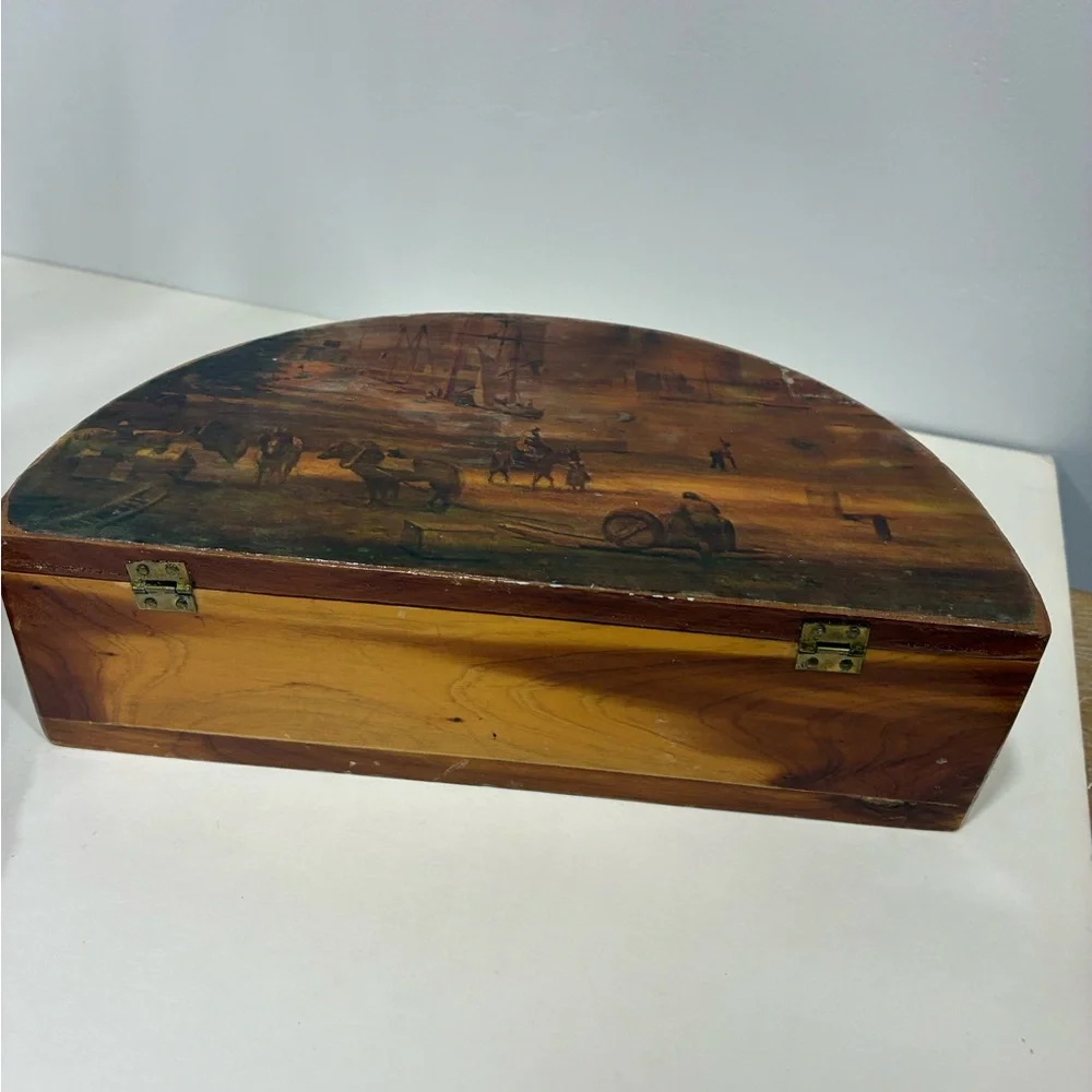 Italian Cedar Trinket Box with Old World Decopauge Scene Boats Port Cows Horses